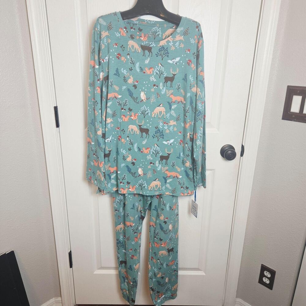 Sleep Sense Pajama Set 2X Green Woodland Animal Print 2 Piece Sleepwear New